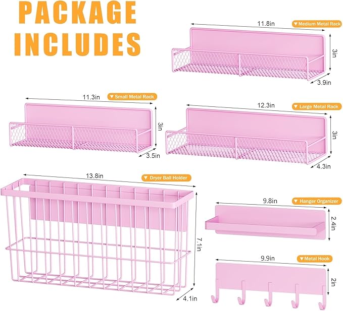 DTUQYX 6 Pack Magnetic Shelves for Washing Machine, Magnetic Spice Rack Organizer for Refrigerator, Magnetic Shelf with Hanger Organizer, Metal Magnetic Basket, Laundry Organization and Storage, Pink