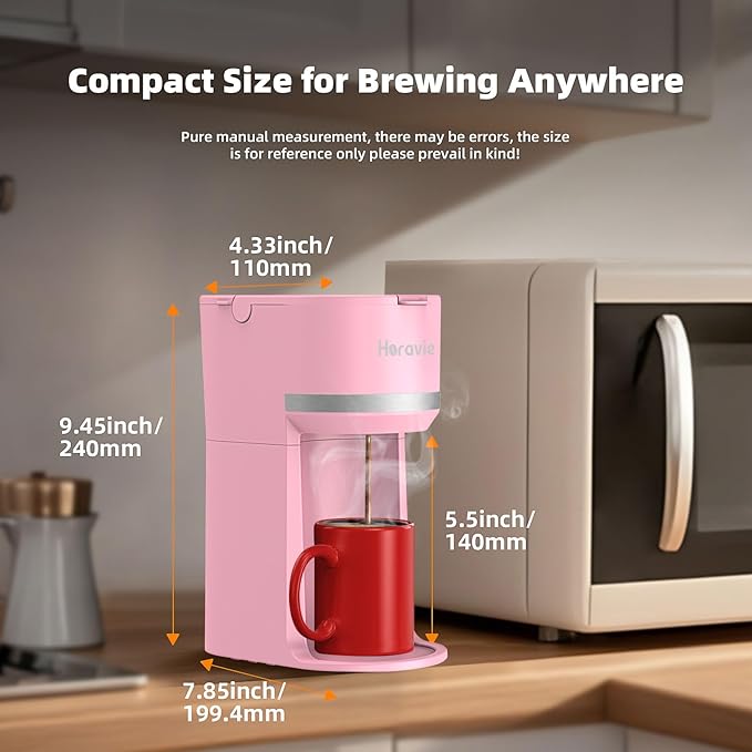Horavie Mini Single Serve Coffee Maker for K-Cup Pod and Grounds, Fast Brew One Cup Coffee Machine with Descaling Reminder and Water Window, 6 to 12 oz. Brew Sizes, Pink