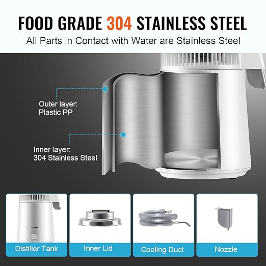VEVOR 1.1 Gallon Water Distiller, 750W, BPA Free Container Countertop | Plastic Container, Button Control, Countertop Distilled Water Maker for Home, White