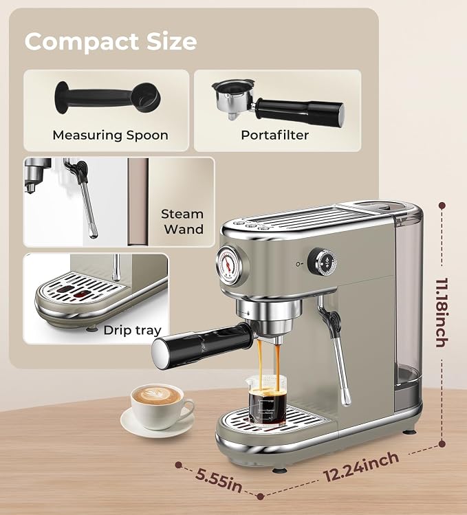 atatix 20 Bar Espresso Machine with Milk Frother, Compact Espresso Maker, Stainless Steel Coffee Machine with Precise Temp Control & 44oz Removable Water Tank for Latte, Cappuccino, Light Grey