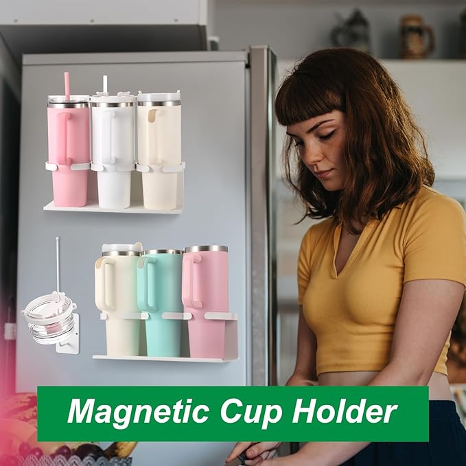 Magnetic Cup Holder Compatible with Fridge Magnetic Tumbler Holder Tumbler Lid Organizer for Refrigerator Compatible with Cup 30&40 oz Water Bottle Rack Accessories(White)