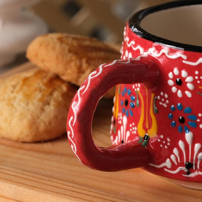 BCS 6 Oz Cappuccino Cups Set of 2, Ceramic Coffee & Tea Mugs, Colorful Handmade Cups, Dishwasher & Microwave Safe Ceramic Mugs (3 Inches, Blue - Red)