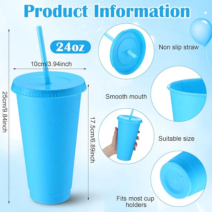 Honeydak 30 Pack Tumbler with Straw and Lid Bulk Cups for Gifts Glitter Plastic Coffee Cups 24-27 oz Reusable Water Bottle Iced Coffee Travel Mug Party Favors for Birthdays Travel (Solid Light Blue)