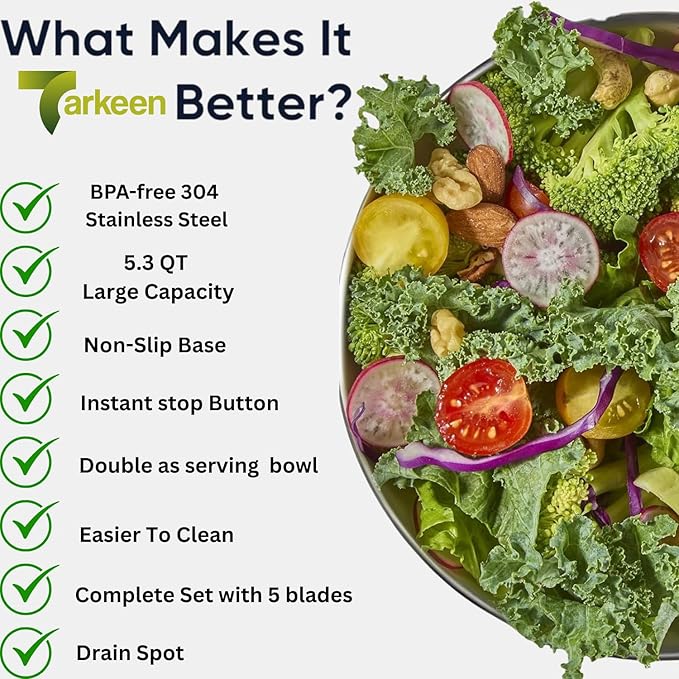 Stainless Steel Salad Spinner Large, BPA-Free Lettuce Spinner, 3-in-1 Salad Bowl & Fruit Cleaner with Non-Slip Base, Dishwasher Safe, 5 Blade Slicer & Egg Yolk Separator, 5.3Qt