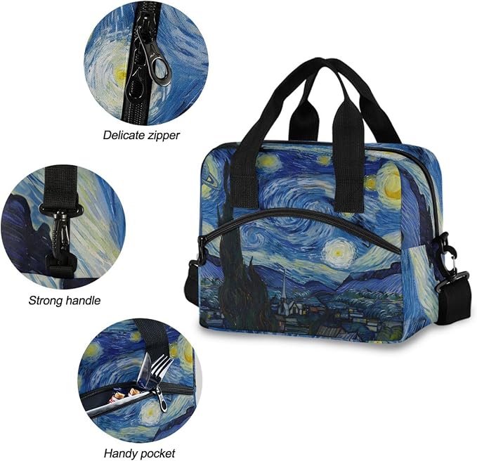 Van Gogh Starry Night Art Lunch Bag for Boys Girls,Reusable Lunch Bags Lunch Box Container with Detachable Shoulder Strap,Insulated Lunch Coolers for School Work