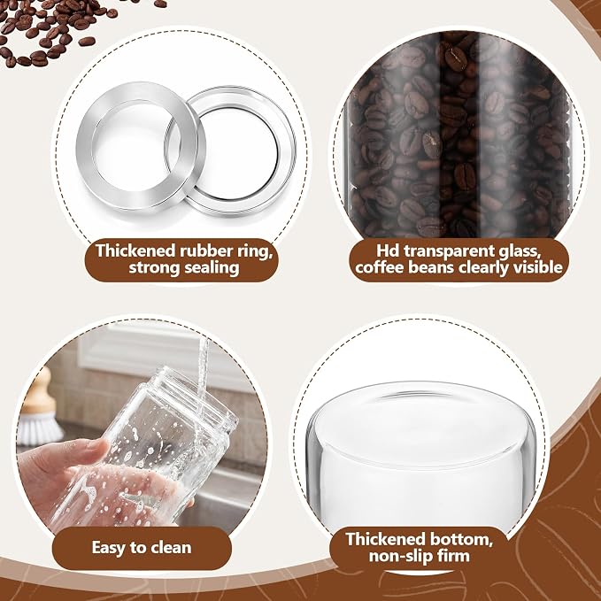 Suclain 3 Pcs 44 oz Glass Coffee Grounds Container with Shelf Glass Coffee Bean Storage Canisters with Airtight Lid and Measuring Spoon Food Storage Jars for Kitchen Sugar (Artsy Style)