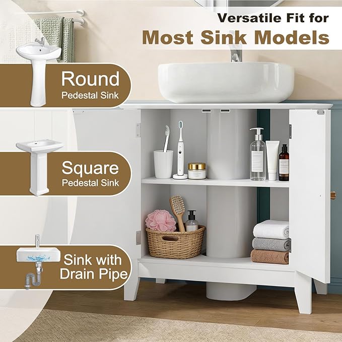 Under Sink Bathroom Cabinet with U-Shape Cutout for Pedestal Sink, Storage Cabinet with 2 Doors, Adjustable Shelf, Freestanding Floor Cabinet, Space-Saving Organizer for Bathroom (White)