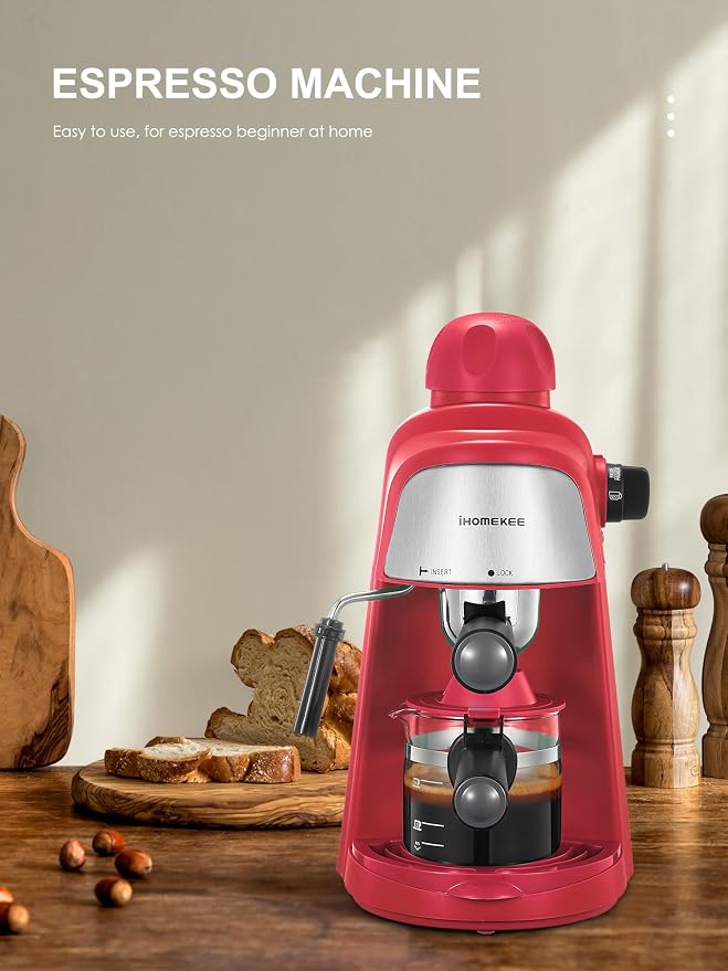 Ihomekee Espresso Machine, 3.5Bar Espresso and Cappuccino Machine with Preheating Function, 4 Cup Coffee Maker with Milk Frothing Function and Steam Wand (Red), CM6810