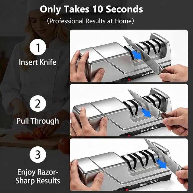 Knife Sharpener Electric, Professional 3-Stage 100% Diamond Sharpening System with 15° Precision Angle, Fast Blade Restoration, Polishing, Repair & Edge Refining & Outdoor Knives