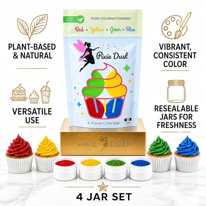 Pixie Dust Natural Food Coloring Powder Set of 4, Red, Yellow, Blue, Green, Dye Free Plant Based Cake Decorating Colors for Icing, Frosting & Drinks, Flavorless, Kosher, Vegan, Non Toxic, .38 oz Each Color 1.5 oz - 44gr