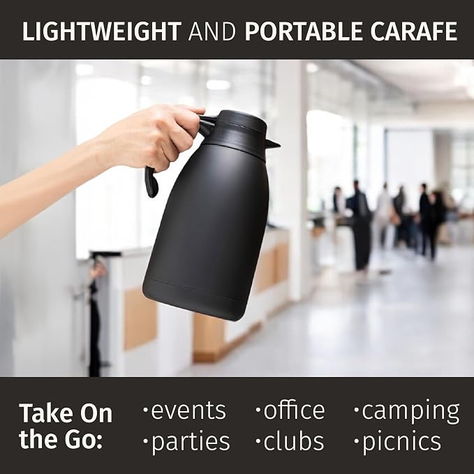 Cresimo 68 Oz Stainless Steel Black Thermal Coffee Carafe/Double Walled Vacuum Flask / 12 Hour Heat Retention / 2 Liter Tea, Water, and Coffee Dispenser