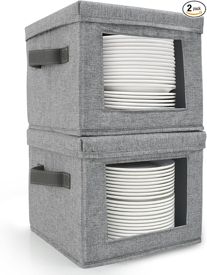 HOMELUX THEORY Plate Storage Box, 2pc 10"x8" Light Gray Hard Shell China Storage Containers, Kitchen Storage Bins With Lids, Heavy Duty Moving Box with Handles for Dishes, Dinner Plate & Dinnerware