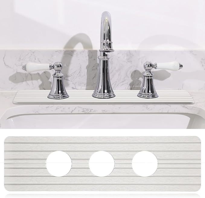 Teenyyou 3 Hole White Faucet Mat for Kitchen Sink Bathroom 16.1" x 5" Kitchen Faucet Absorbent Mat Diatomite Splash Guard Quick Drying Stone Drip Catcher Hole 2.24" Holes Spaced About 1.77 "