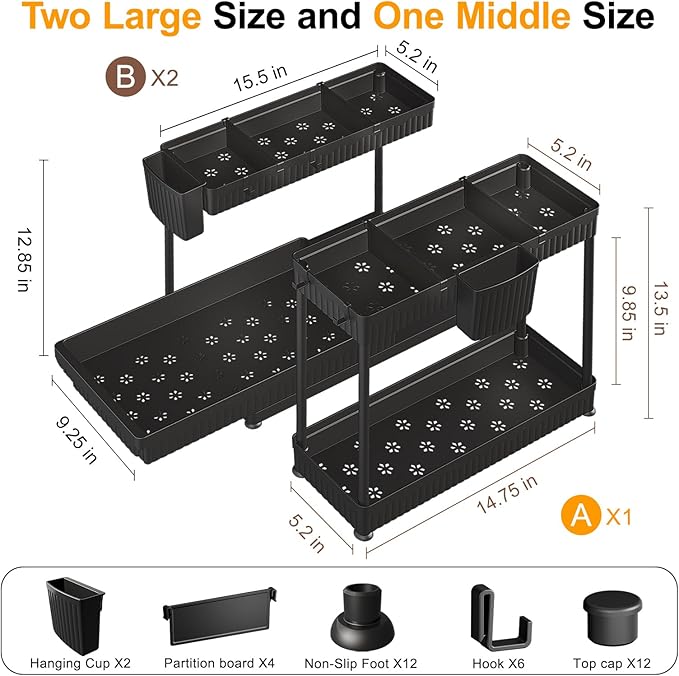 Sevenblue 3 Tier Wooden Fruit Basket with 2 Mobile Banana Holders, 3 Pack L-Shaped Pull Out Under Sink Organizers