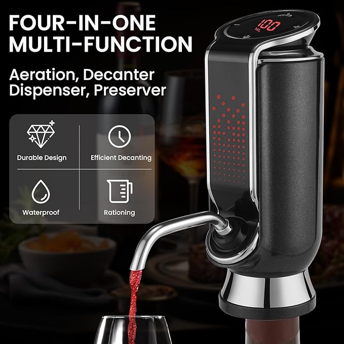 BLUBYEES Luxurious 4-in-1 Electric Wine Aerator, Decanter, Dispenser & Vacuum Saver with LED Display - Wine Pourer Gift for Women and Wine Lovers
