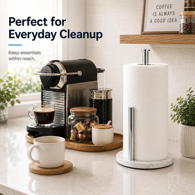 Chrome Paper Towel Holder,Stainless Steel Paper Towel Holder for Kitchen Roll Organize, Standard or Jumbo-Sized Roll Paper, Countertop Roll Dispenser with Marble Base