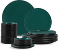 12 Piece Dinnerware Set, Modern Minimalist Stoneware Plates and Bowls Sets, Modern Dinner Plate, Salad Plate, Cereal Bowl, Dish Set for 4, Microwave and Dishwasher Safe, Matte Green