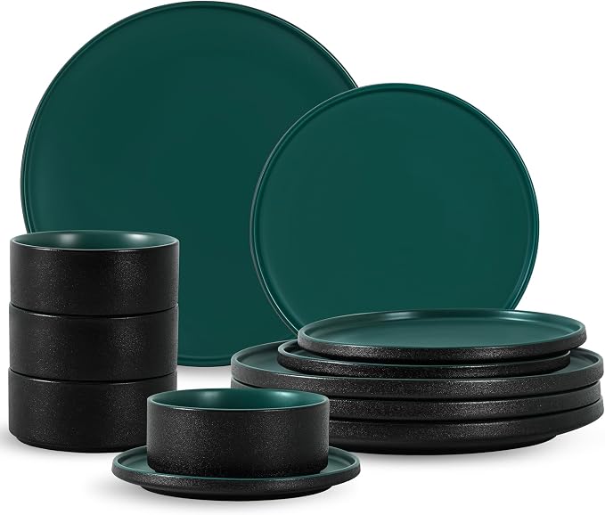 12 Piece Dinnerware Set, Modern Minimalist Stoneware Plates and Bowls Sets, Modern Dinner Plate, Salad Plate, Cereal Bowl, Dish Set for 4, Microwave and Dishwasher Safe, Matte Green