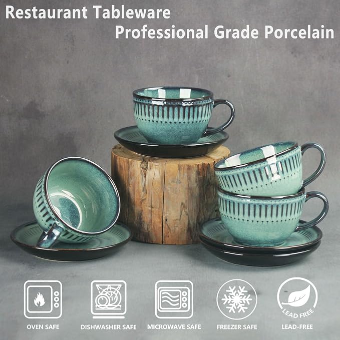Cappuccino cup with tray, 8.5 oz. Set of 4 Ceramic Coffee Cups and Saucer Set for Latte, latte art cup, suitable for latte/cappuccino/milk/tea