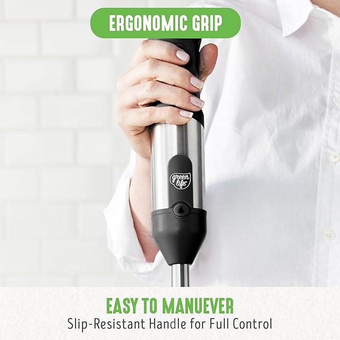 GreenLife 500-Watt Immersion Electric Handheld Stick Blender with Stainless Steel Blades, Whisk, Frother, Measuring Cup and Lid, Soups, Puree, Cake, Multi-Speed Control, Portable, Black