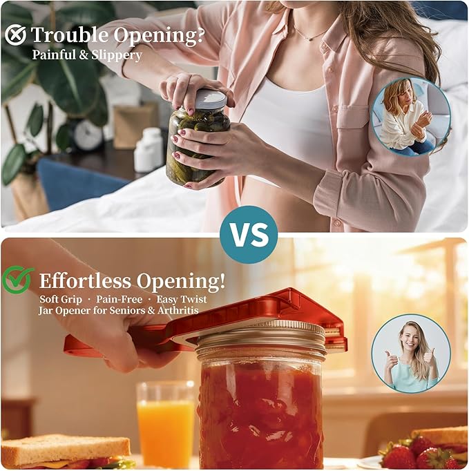 Jar Opener for Weak Hands & Seniors with Arthritis, Easy Twist-Off Lid & Bottle Opener, Ergonomic Handle with Stainless Steel Teeth, Practical Kitchen Gift for Elderly, Women & Men (0.2–5.3 in, Red)