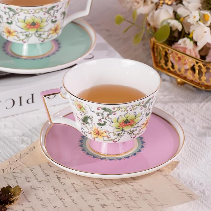 KAMMAK Ceramic Coffee Cups Saucers Set of 2, Porcelain Espresso Cups with Saucers, 8.12 oz Handcrafted Elegant Bone China Tea Cups, Lotus Floral Pattern Teacup for Party, Office, Women Gift