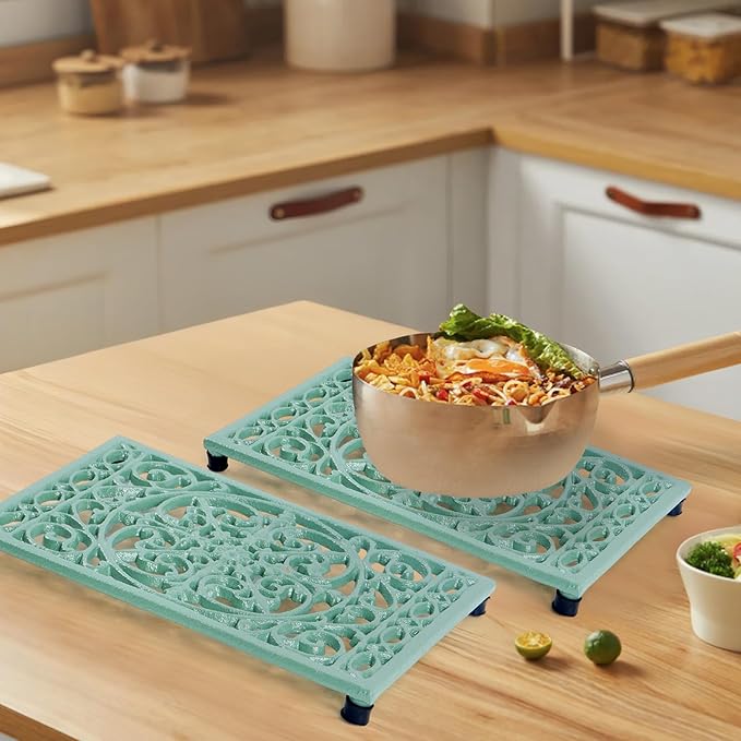 Notakia 9.6 x 6.3 Inch Cast Iron Trivet Set, Large Metal Trivets for Hot Dishes Pots Pans Decorative Kitchen Trivets, Heat-Resistant Trivet Mats for Quartz Countertops, Green Kitchen Accessories