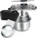 Magnetic Measuring Cups & Spoons Set, Strong N45 Magnets, Heavy Duty Stainless Steel Fits in Spice Jars for Baking & Cooking, BPA Free, Round Set of 15 with Leveler,Dark Black