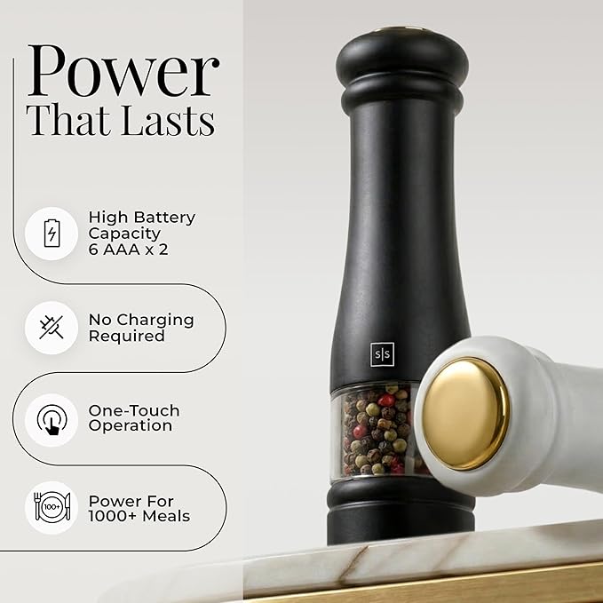 Electric Salt and Pepper Grinder Set - Styled Settings Electric Salt and Pepper Shakers, Automatic Stainless Steel Set with LED Light, Battery Operated, Adjustable Coarseness, Wood Base