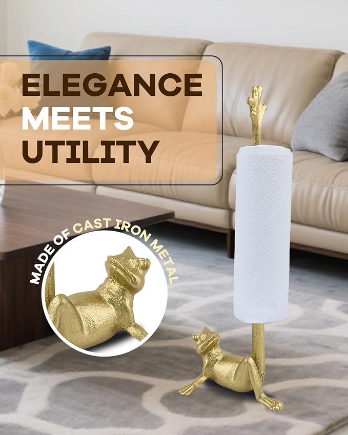 16.5" Golden Frog Paper Towel Holder for Bathroom & Kitchen - Whimsical Cast Iron Free Standing Paper Roll Holder, Decorative Toilet Paper Stand with Weighted Base