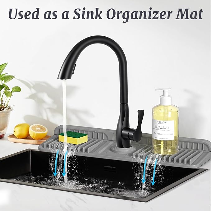PoYang 17.7 inch Faucet Mat for Kitchen Sink Splash Guard, 7° Slope Silicone Sink Water Splash Guard for Kitchen Sink Area with Snap Button, Long Sink Protectors for kitchen Sink Sponge Holder, Grey