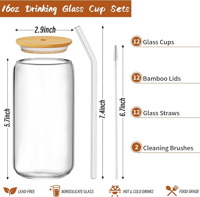 12 Pcs Glass Cups with Bamboo Lids and Straws - 16oz Glass Tumbler, Iced Coffee Cup, Can Shaped Drinking Glasses for Coffee, Tea, Smoothie, Juice, Cocktail Include 2 Cleaning Brushes