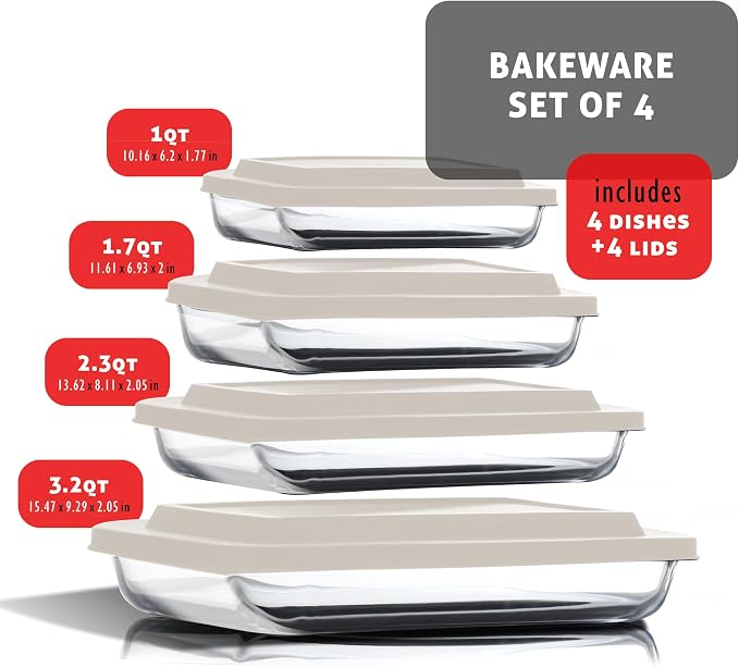 EATEX 8-Piece Deep Glass Casserole Dishes for Oven with Plastic lids, Rectangular Glass Baking Dish Set, Baking Pans for Lasagna, Leftovers, Cooking, Kitchen, Freezer-to-Oven and Dishwasher, Cream