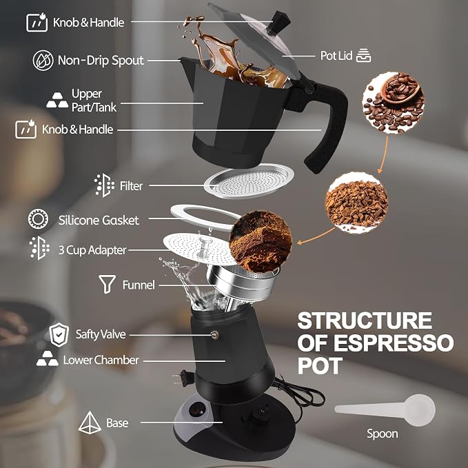 Aluminum Electric Moka Pot 3-6 Cup 270ml Express Coffee Maker Stovetop Espresso Portable Coffeemaker Italian Classic Brewing Greca Cafe Mocha with Removable Base and Overheating Protection Machine
