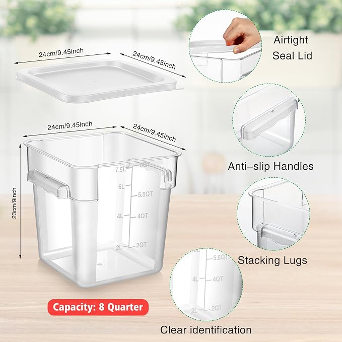 FoldTier 2 Pieces Square Food Storage Containers Polycarbonate Clear food Container with Lid Commercial Storage with Graduations for Commercial Kitchen Dough Marinating Meat(White,8 Qt)