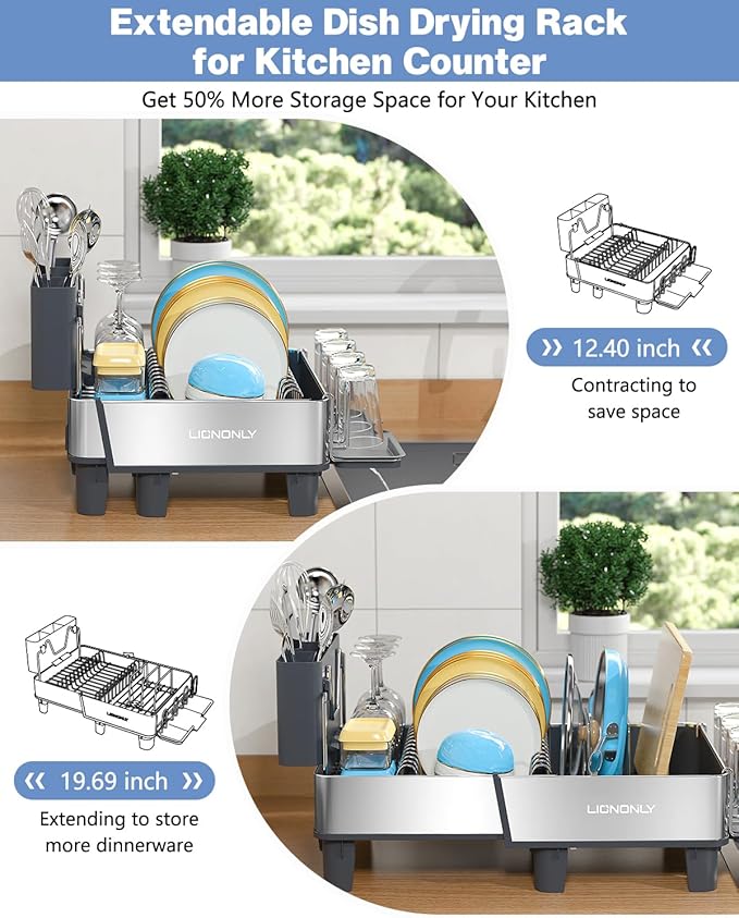 Dish Drying Rack, 304 Stainless Steel Expandable Dish Rack with Adjustable Drain Spout, Large Capacity Dish Drainer with Utensil Holder, Cup Holder and Cutting Board Rack for Kitchen Counter, Gray