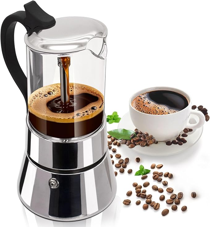 Clear Glass Moka Pot 6 Cup 350ml Stainless Steel Coffee Maker Uncoated Stovetop Espresso Coffeemaker Italian Classic Style Brewing Greca Cafe Mocha Machine for Cafeteras Camping Travel Home