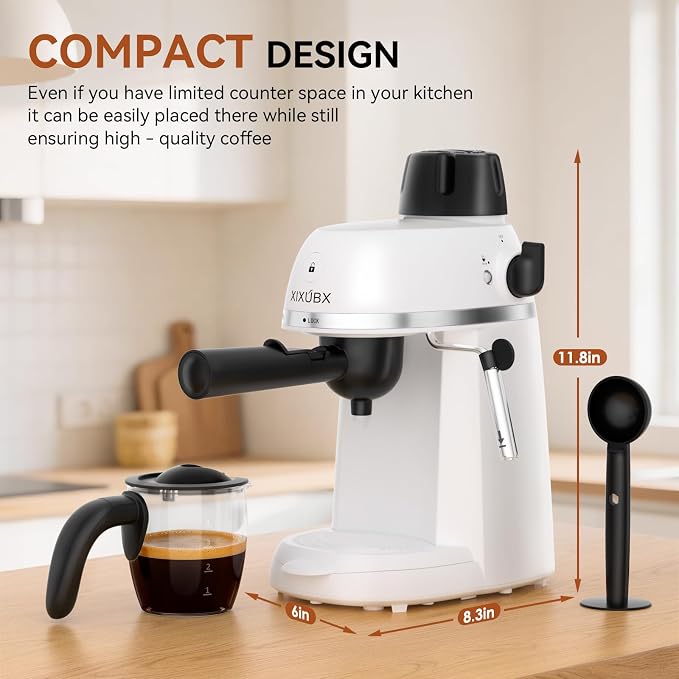 XIXUBX Coffee Machine, 3.5 Bar Espresso & Cappuccino Machine with Steam Wand, Compact Design Coffee Maker for Latte, Safety Lock & Tritan Cups, 800w, White