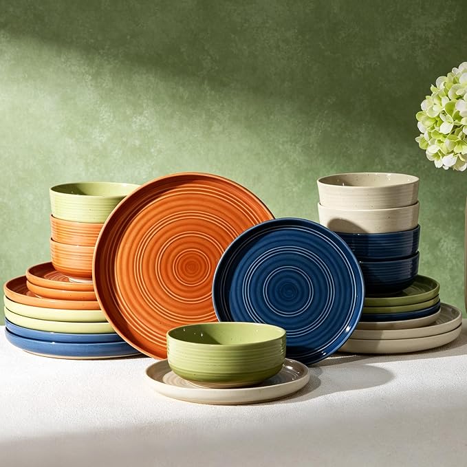 24-Piece Stoneware Dinnerware Sets for 8 - Coupe Plates and Bowls with Speckles & Spirals - Chip & Scratch Resistant, Microwave & Dishwasher Safe - Gift Box - Multicolor, Earthy Tones