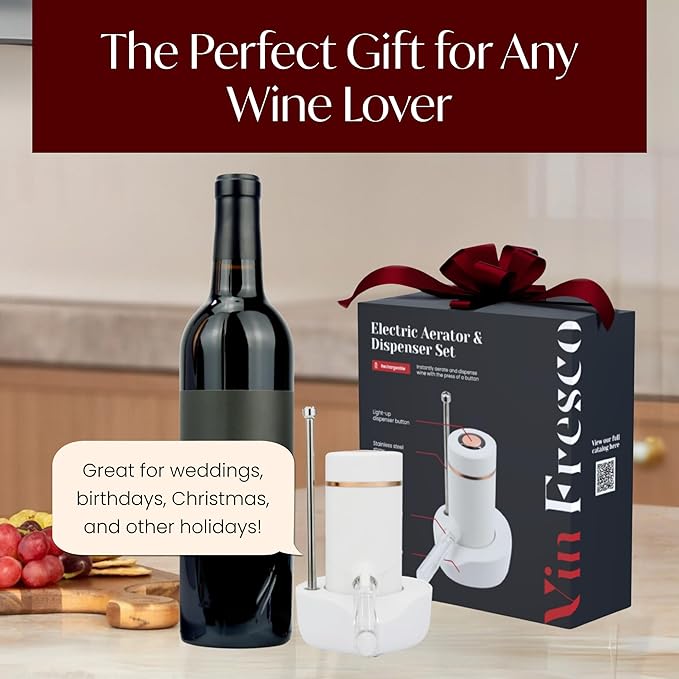 Vin Fresco Electric Wine Dispenser and Red Wine Aerator - One Button Electric Wine Aerator - Built in Wine Pourer Spout Aerator - Pumps and Dispenses Wine, Fits Most Bottles (White & Rose Gold)