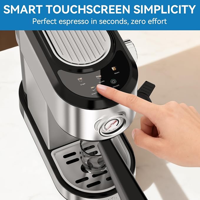 XIXUBX Espresso Machine 20 Bar, Touchscreen Coffee Maker with Milk Frother, Stainless Steel Espresso Maker Compact Latte Cappuccino Machines for Home Office, Silver