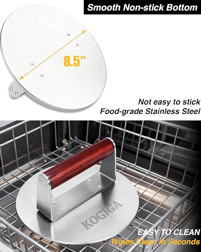 Smash Burger Press 2.5LB Heavy Duty - 8.5 Inch Stainless Steel Burger Smasher Tool with Wood Handle - Professional Grill Press & Steak Weight for Griddle, Perfect Smashburgers, Bacon, Panini