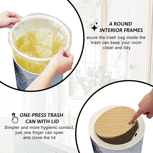 Trash Can with Lid Blue marble texture Italian marble slab golden veins Closeup surface Press Top Round Small Garbage Bin with Wooden Legs Waste Basket for Kitchen Bedroom Nursery 7L/1.8 Gallon