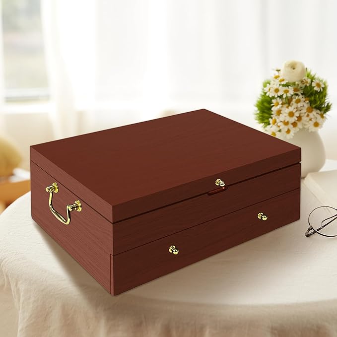 Silverware Storage Box Solid Wood with Lid, Silverware Organizer with Handle and Felt Lined, Silverware Storage Chest for Flatware and Utensils Home Decor Gift, Chest for Flatware (Walnut, 2 Layer)