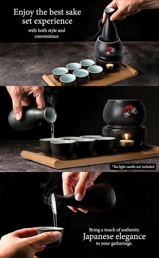Japanese Sake Cup Set with 6 Ceramic Cups, 1 Ceramic Sake Bottle, 1 Ceramic Sake Warmer, Bamboo Tray, and Cloth Carrying Case | Perfect Hot Sake Set for Authentic Japanese Experience