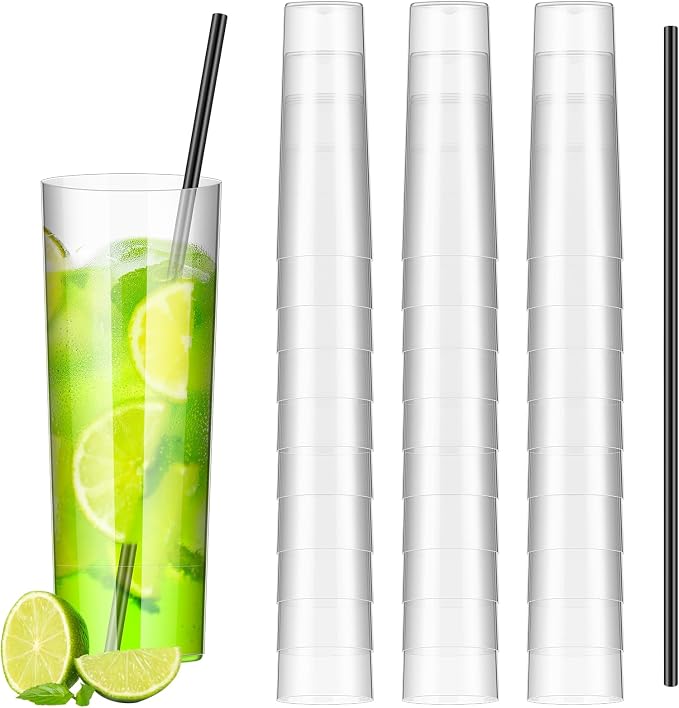 Plastic Highball Glasses with Straws(set of 30), 9 oz Shatterproof Drinking Cups, Tall Whiskey Collins Glass with Straw, Smoothie Tumbler Mojito Cocktail Cup for Wedding Spring Summer Party