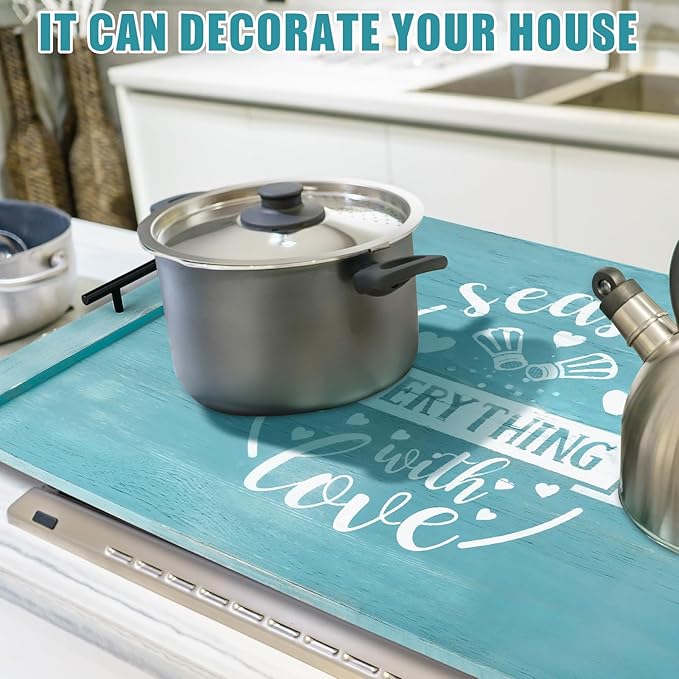 Spiareal Noodle Board Stove Wooden Cover with Handles 29.5 x 22 inche Stove Top Cutting Board Laminate Farmhouse Electric Stove Gas Cover Handmade for Kitchen Counter (Cute)