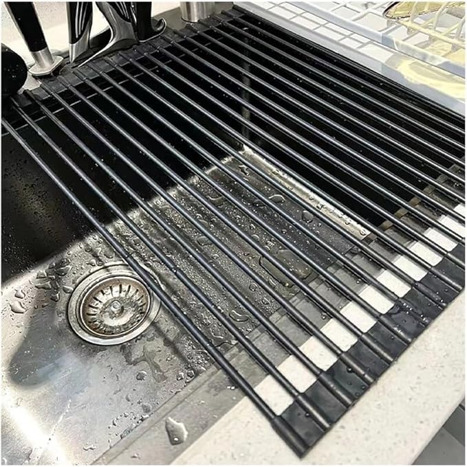 Roll Up Dish Drying Rack，Kitchen Silicone Wrapped Rolling Dish Drainer，Multipurpose Foldable Over The Sink Drying Mat, Heat-Resistant Anti-Slip Drainage Mat(Black,43x33cm/16.9x13.0in)
