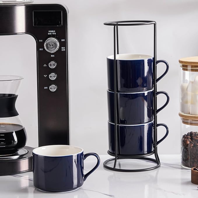 10oz Porcelain Stackable Coffee Mugs and Metal Stand Set of 4, Espresso Cups Set for Hot Drinks, Cappuccino, Tea-Blue