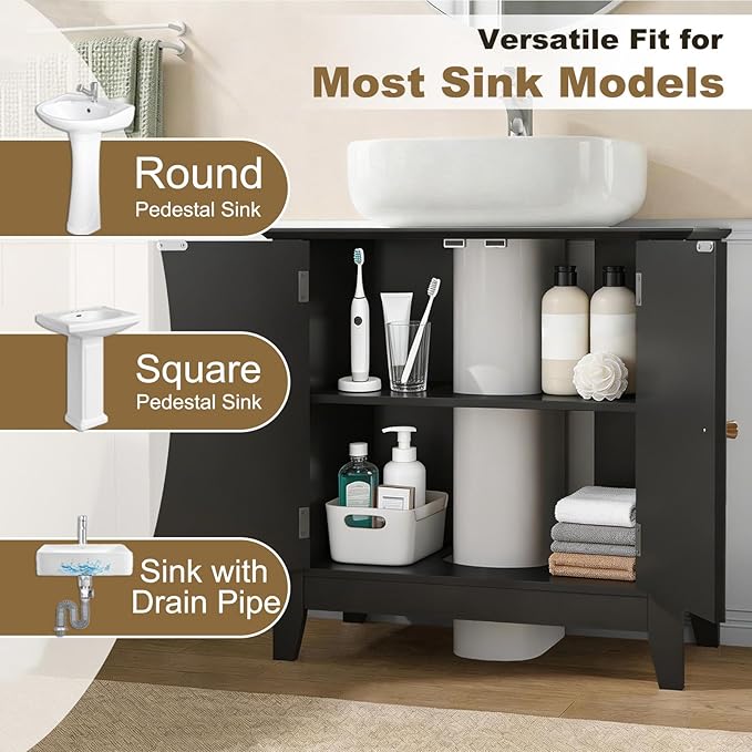 Under Sink Bathroom Cabinet with U-Shape Cutout for Pedestal Sink, Storage Cabinet with 2 Doors, Adjustable Shelf, Freestanding Floor Cabinet, Space-Saving Organizer for Bathroom (Black)